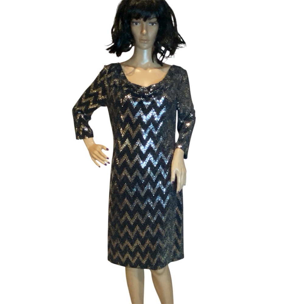 Sangria Holiday Party After 5 Black + Sequins Stretchy 3/4 Sleeves Sz Medium EUC
